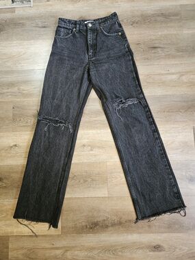 Zara Black Washed Wide-Leg High Waist Jeans Size 2 Long